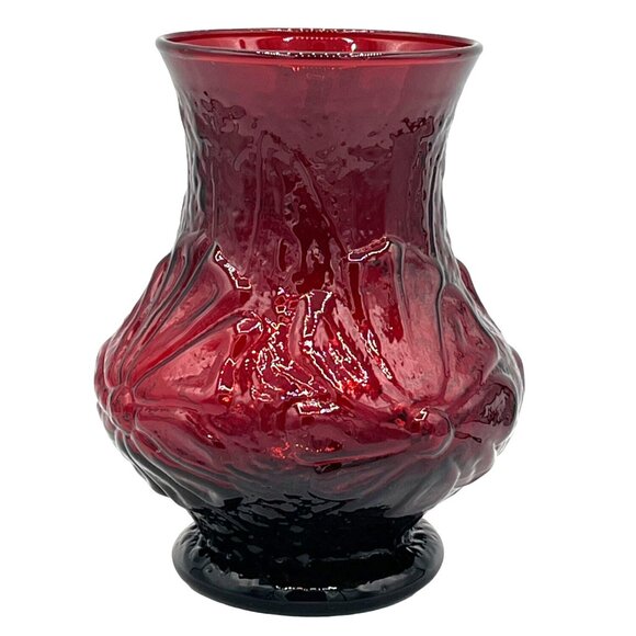 Vintage Anchor Hocking Ruby Red Glass Vase 5 1/4" Tall Floral Design Textured - Picture 3 of 7